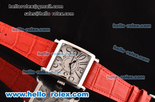 Franck Muller Master Square Swiss Quartz Steel Case with White Dial Numeral Marekrs and Red Leather Strap - Click Image to Close
